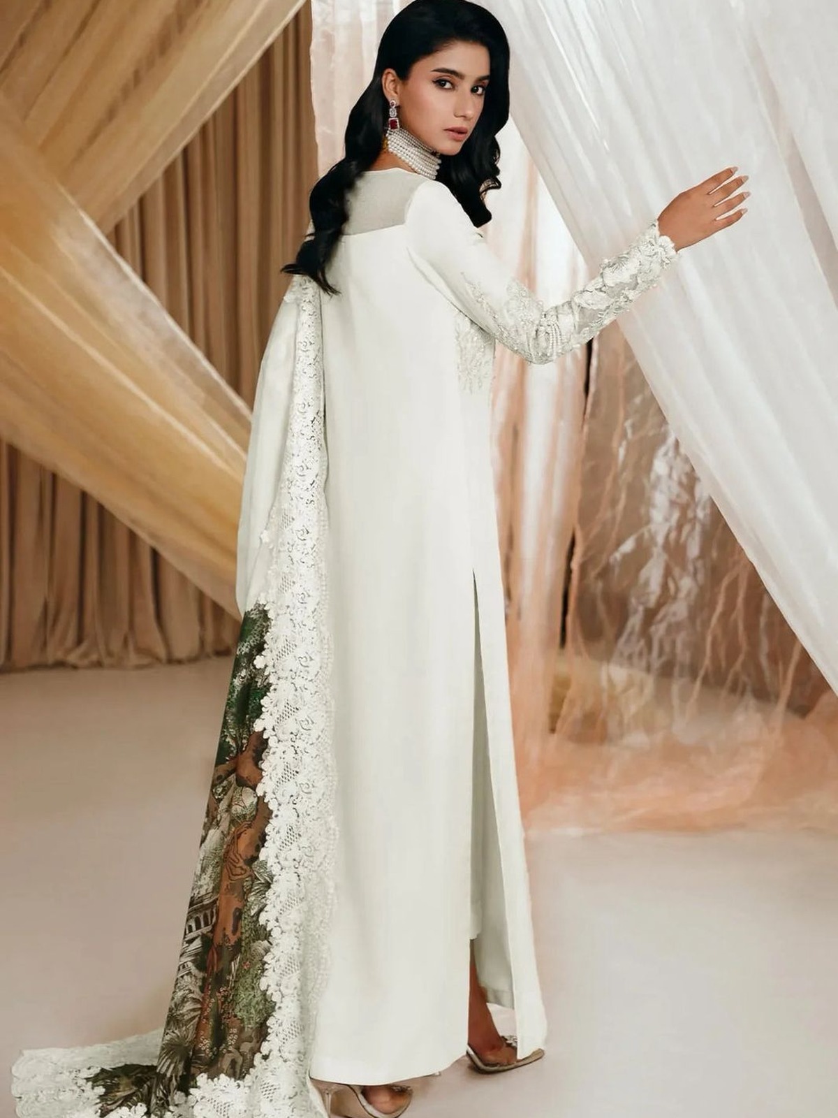 Musferah Saad Pearl Symphony Luxury Adda Work Charmuse Silk 3 Pc Suit image 4