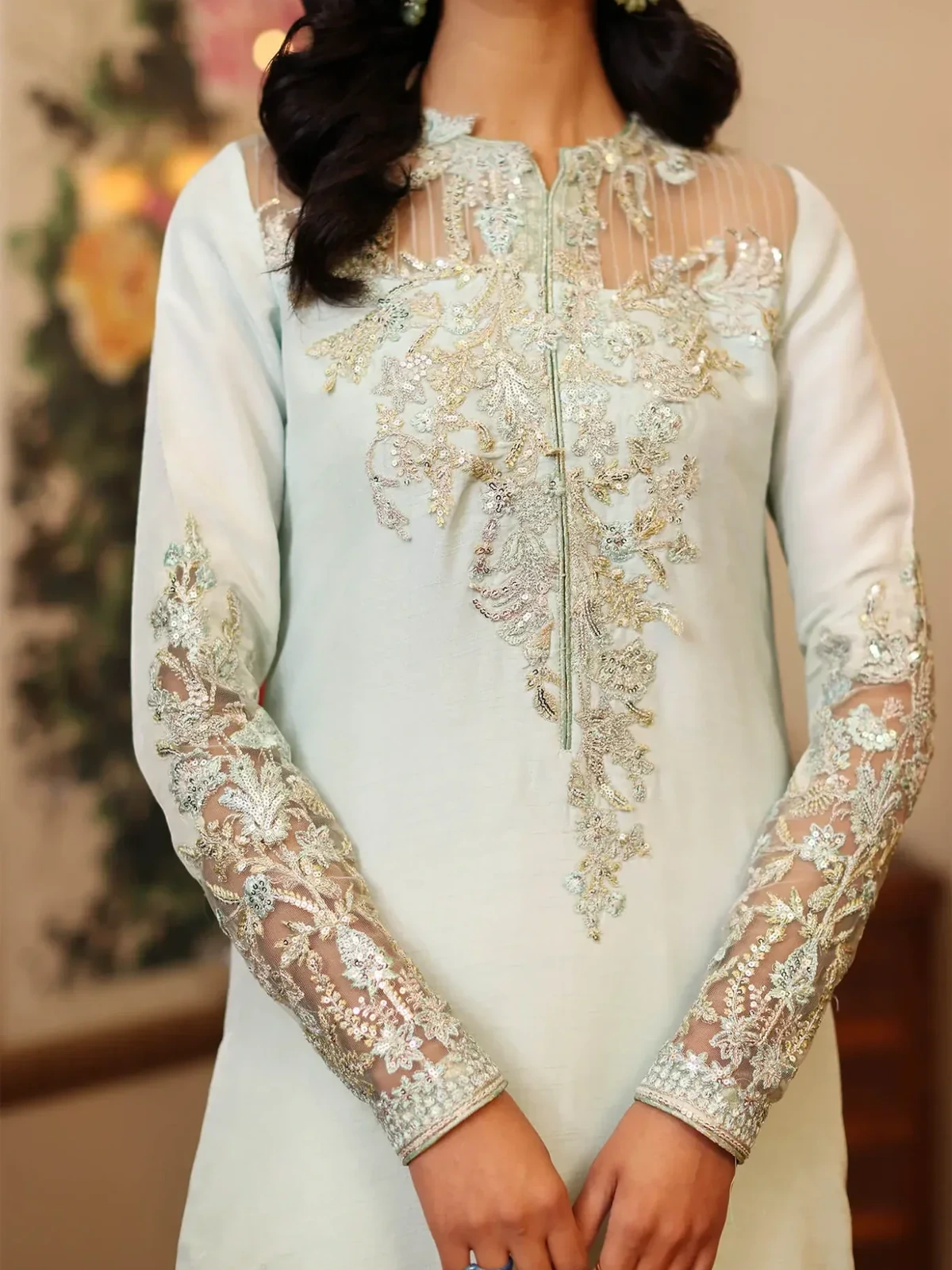 Azure Luxury Embroidered Adda Work Shamoz Silk 3 Pc Suit image 3