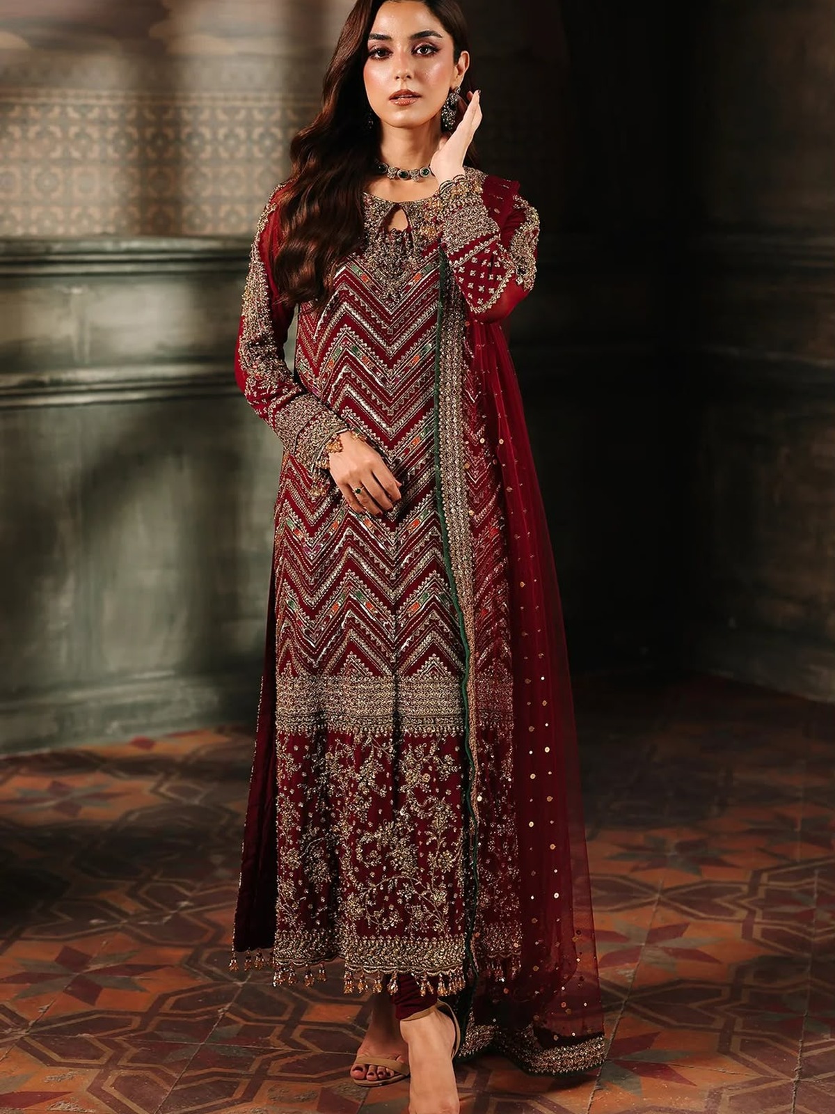 Heavy Embroidered Chiffon Long Shirt Festive 3 Pc Suit